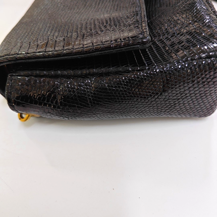 Chanel Classic Flap Mini Vintage Black Lizard Embossed Leather Gem CC Buckle Crossbody Bag