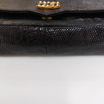 Chanel Classic Flap Mini Vintage Black Lizard Embossed Leather Gem CC Buckle Crossbody Bag