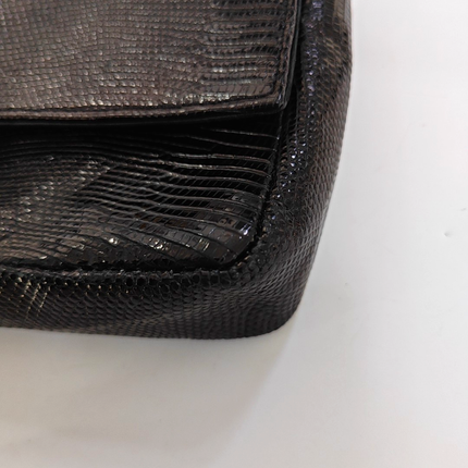 Chanel Classic Flap Mini Vintage Black Lizard Embossed Leather Gem CC Buckle Crossbody Bag