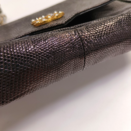 Chanel Classic Flap Mini Vintage Black Lizard Embossed Leather Gem CC Buckle Crossbody Bag