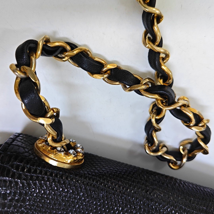 Chanel Classic Flap Mini Vintage Black Lizard Embossed Leather Gem CC Buckle Crossbody Bag