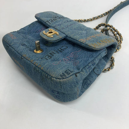 Chanel Classic Flap Mini Rectangular Blue Denim Jeans Gold Hardware Microchip