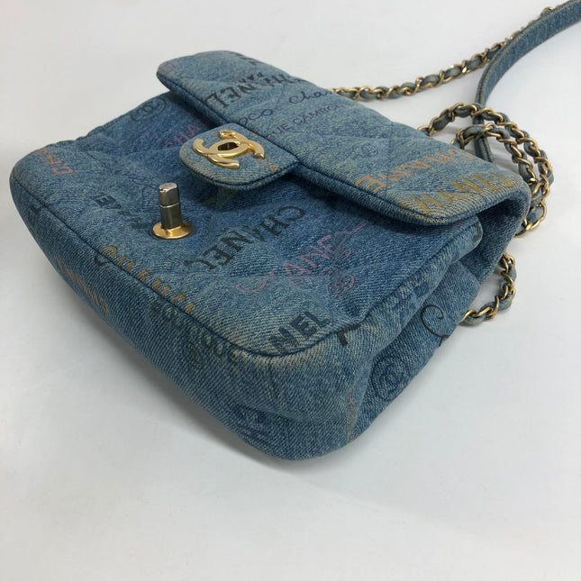 Chanel Classic Flap Mini Rectangular Blue Denim Jeans Gold Hardware Microchip