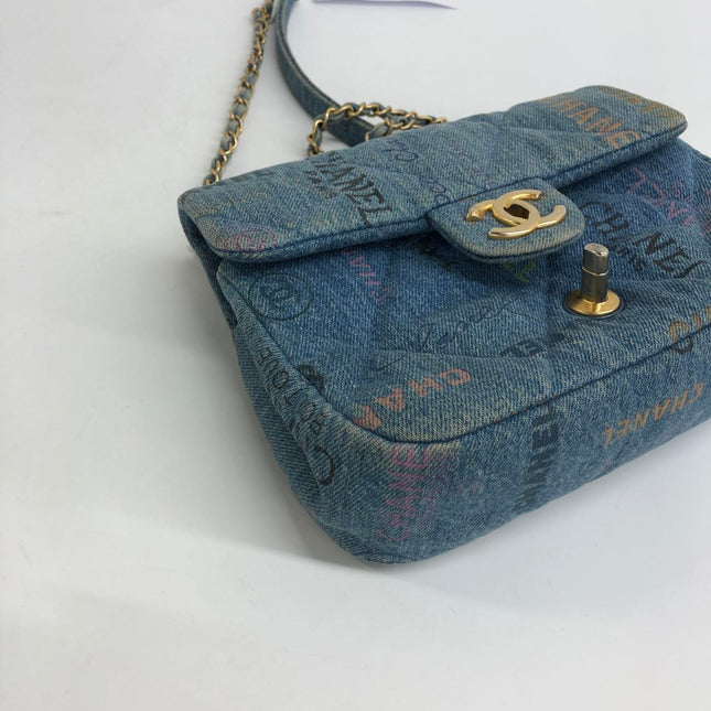 Chanel Classic Flap Mini Rectangular Blue Denim Jeans Gold Hardware Microchip
