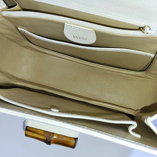 Gucci Bamboo 1947 Top Handle Bag White Grained Leather Medium