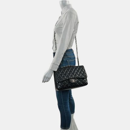 Chanel Classic Flap Jumbo Black Lambskin Leather Single Flap with Silver Hardware