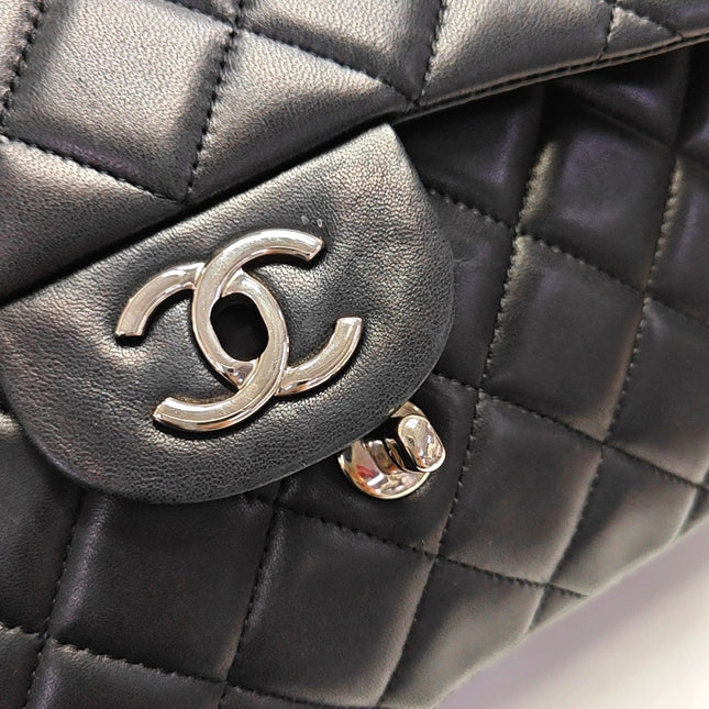 Chanel Classic Flap Jumbo Black Lambskin Leather Single Flap with Silver Hardware