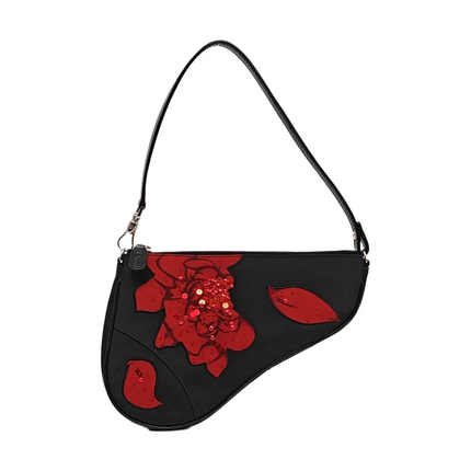 Dior Saddle Mini Classic Black Nylon Red Flower Embroidery Clutch Bag-Luxbags