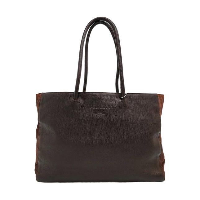 Prada Tote Dark Chocolate Brown Leather Nylon Black Hardware-Luxbags