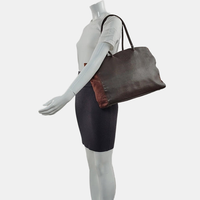 Prada Tote Dark Chocolate Brown Leather Nylon Black Hardware