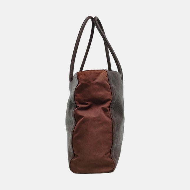 Prada Tote Dark Chocolate Brown Leather Nylon Black Hardware