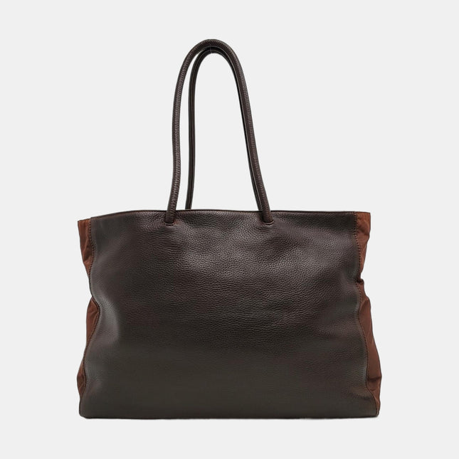 Prada Tote Dark Chocolate Brown Leather Nylon Black Hardware