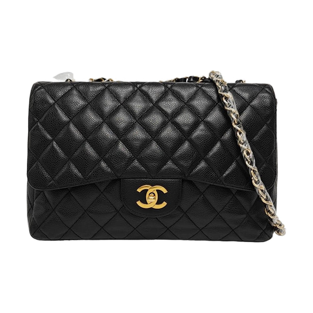 Chanel Classic Flap Jumbo Black Caviar Leather Single Flap 24k Gold Hardware 2008-09-Luxbags