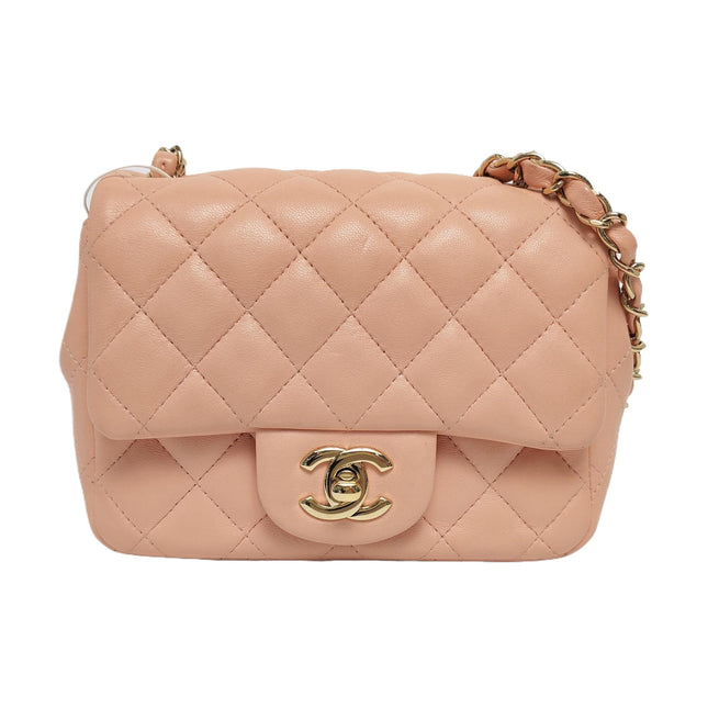 Chanel Mini Square Classic Flap Almond Pink Lambskin Leather Gold-tone Hardware-Luxbags