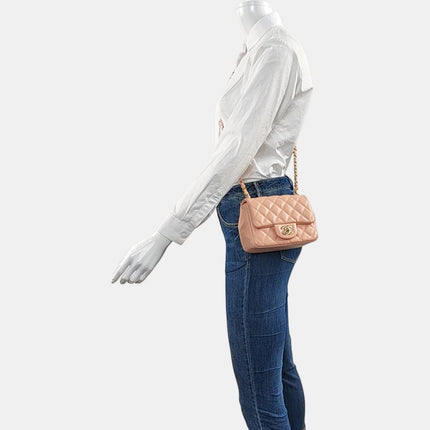Chanel Mini Square Classic Flap Almond Pink Lambskin Leather Gold-tone Hardware