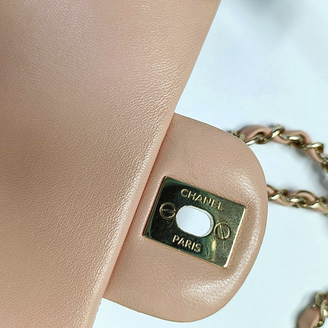 Chanel Mini Square Classic Flap Almond Pink Lambskin Leather Gold-tone Hardware