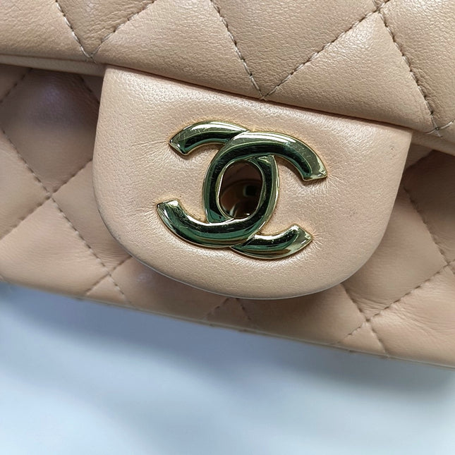 Chanel Mini Square Classic Flap Almond Pink Lambskin Leather Gold-tone Hardware