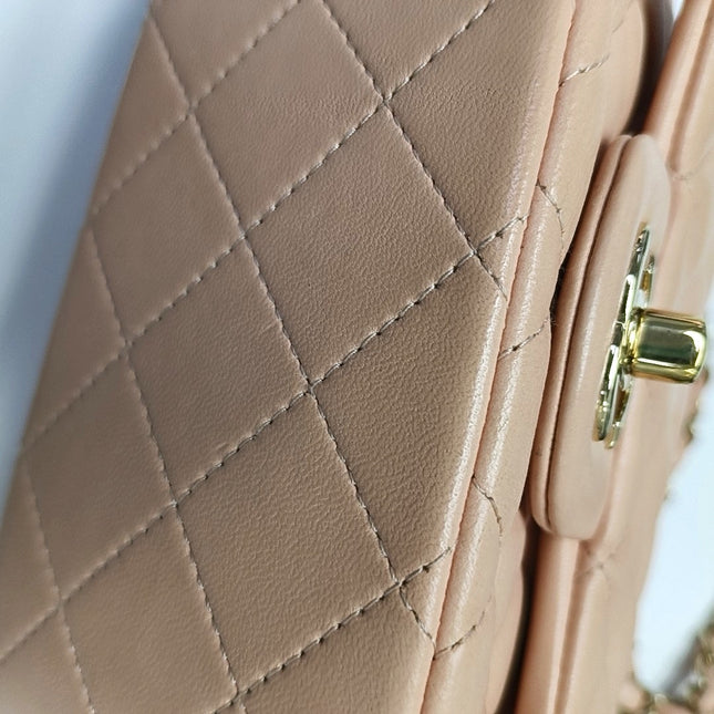 Chanel Mini Square Classic Flap Almond Pink Lambskin Leather Gold-tone Hardware