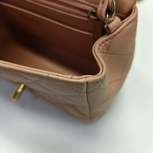 Chanel Mini Square Classic Flap Almond Pink Lambskin Leather Gold-tone Hardware
