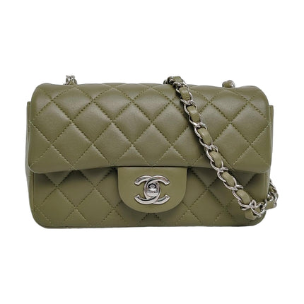 Chanel Classic Flap Rectangular Mini Olive Green Lambskin Silver Hardware Microchip-Luxbags