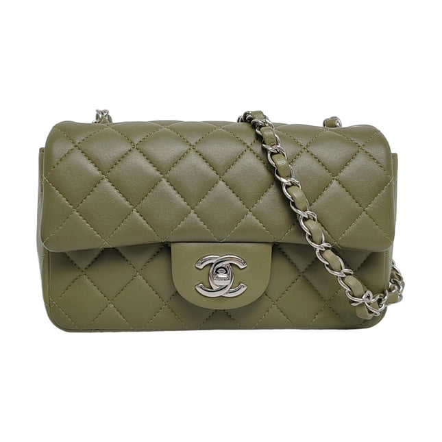 Chanel Classic Flap Rectangular Mini Olive Green Lambskin Silver Hardware Microchip-Luxbags