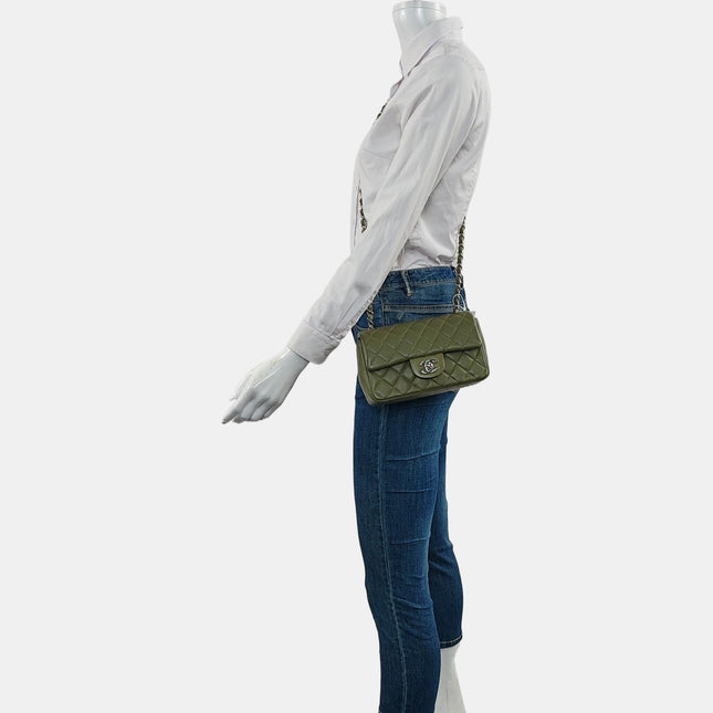 Chanel Classic Flap Rectangular Mini Olive Green Lambskin Silver Hardware Microchip