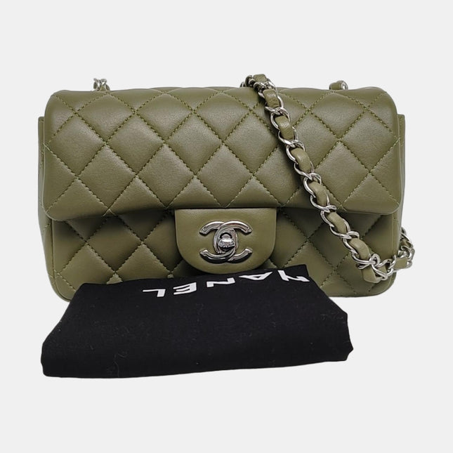 Chanel Classic Flap Rectangular Mini Olive Green Lambskin Silver Hardware Microchip