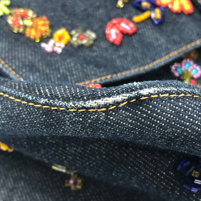 FENDI Mamma Baguette Blue Denim with Floral Beads Vintage