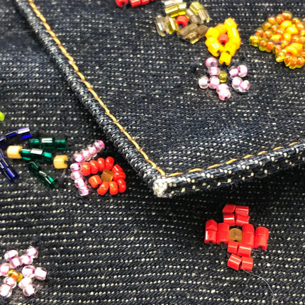 FENDI Mamma Baguette Blue Denim with Floral Beads Vintage