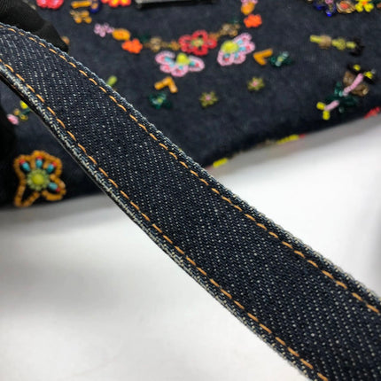 FENDI Mamma Baguette Blue Denim with Floral Beads Vintage