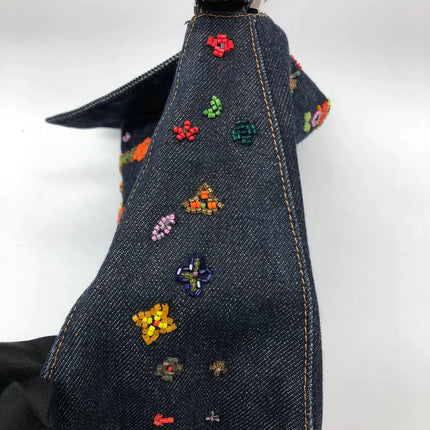 FENDI Mamma Baguette Blue Denim with Floral Beads Vintage
