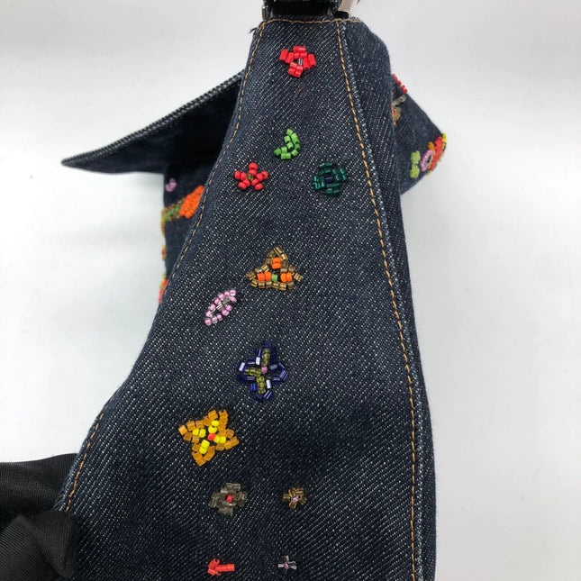 FENDI Mamma Baguette Blue Denim with Floral Beads Vintage