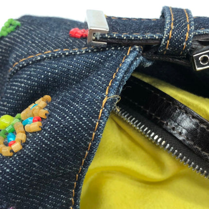 FENDI Mamma Baguette Blue Denim with Floral Beads Vintage