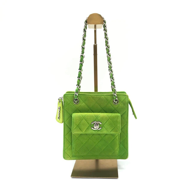 Chanel Vintage CC Coco Mark Green Velvet Quilted Front Pocket Shoulder Bag-Luxbags
