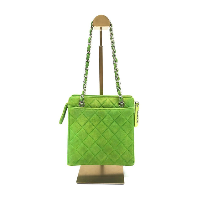 Chanel Vintage CC Coco Mark Green Velvet Quilted Front Pocket Shoulder Bag