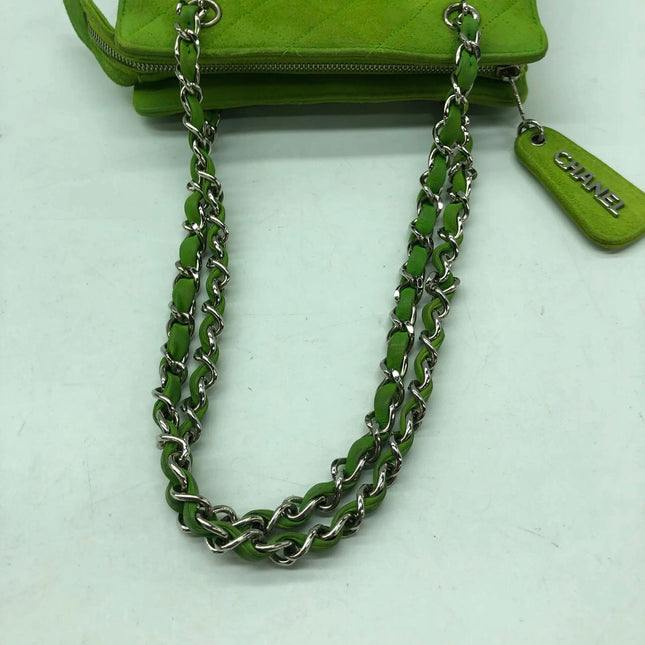 Chanel Vintage CC Coco Mark Green Velvet Quilted Front Pocket Shoulder Bag