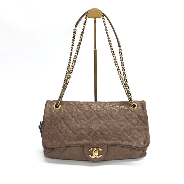 Chanel Shiva Flap Bag Jumbo Brown Quilted Shiny Caviar Leather Gold Hardware-Luxbags