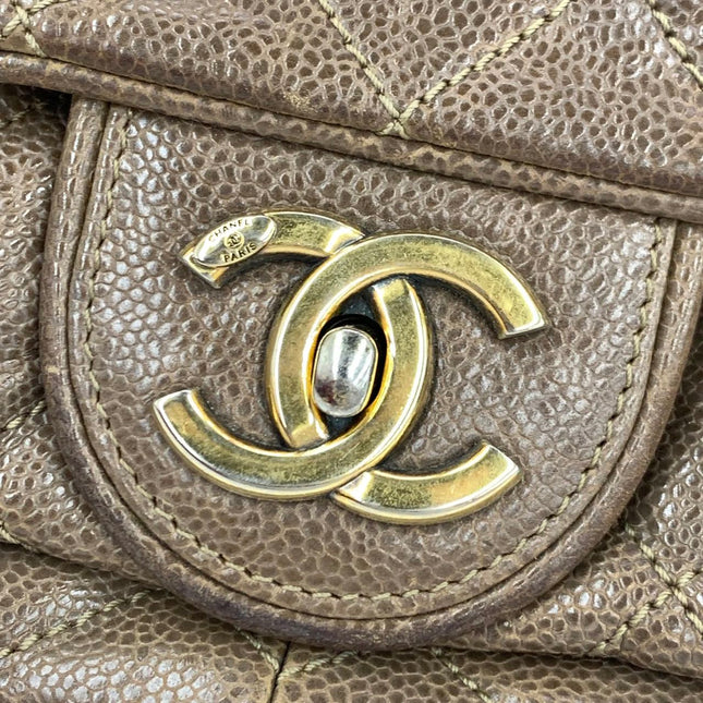 Chanel Shiva Flap Bag Jumbo Brown Quilted Shiny Caviar Leather Gold Hardware