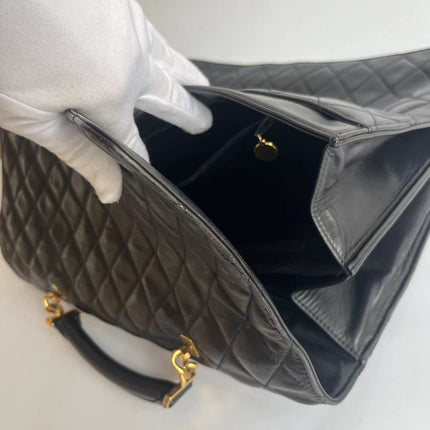 Chanel Vintage Quilted CC Briefcase Black Lambskin Leather Gold Hardware