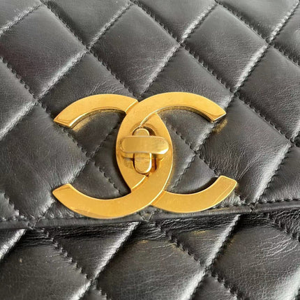 Chanel Vintage Quilted CC Briefcase Black Lambskin Leather Gold Hardware