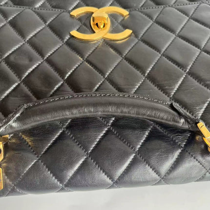 Chanel Vintage Quilted CC Briefcase Black Lambskin Leather Gold Hardware