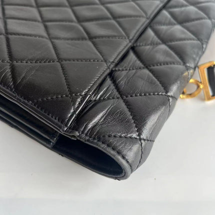 Chanel Vintage Quilted CC Briefcase Black Lambskin Leather Gold Hardware