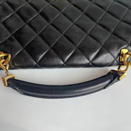 Chanel Vintage Quilted CC Briefcase Black Lambskin Leather Gold Hardware