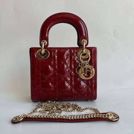 Lady Dior Mini Burgundy Red Patent Leather Gold Chain Strap 2019 Suede Interior-Luxbags