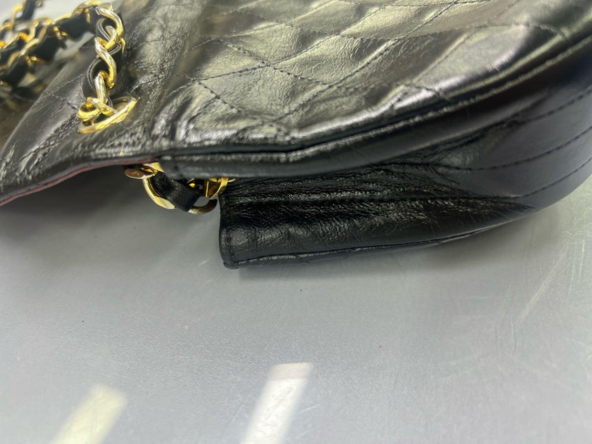 Chanel Vintage Mini Half Moon Flap Bag Black Lambskin Leather Gold Hardware 1986-1988