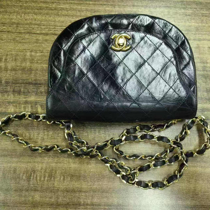 Chanel Vintage Mini Half Moon Flap Bag Black Lambskin Leather Gold Hardware 1986-1988