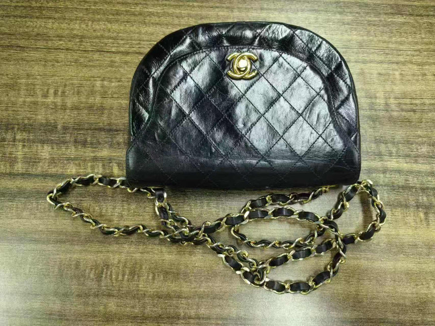 Chanel Vintage Mini Half Moon Flap Bag Black Lambskin Leather Gold Hardware 1986-1988