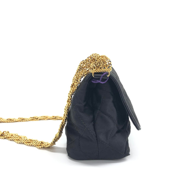 Chanel Vintage Black Fabric Flap Bag with Woven Gold Chain Strap