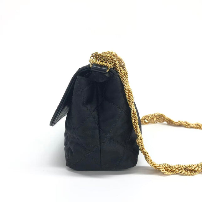 Chanel Vintage Black Fabric Flap Bag with Woven Gold Chain Strap