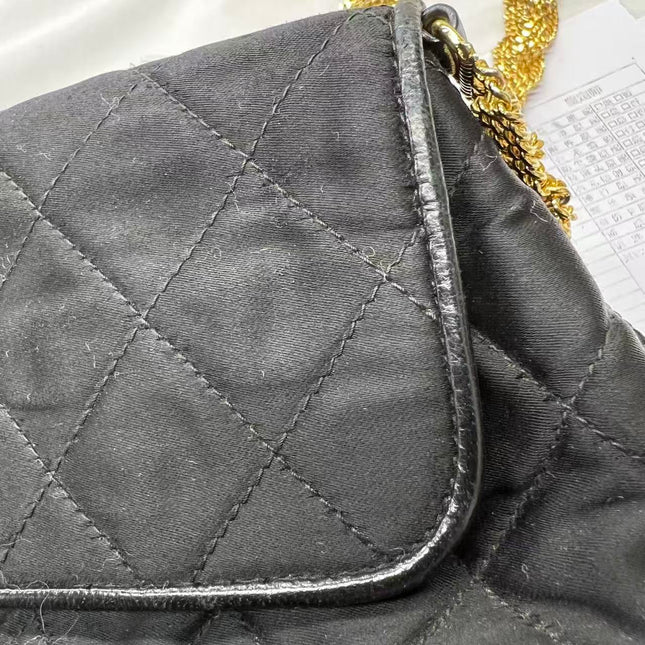 Chanel Vintage Black Fabric Flap Bag with Woven Gold Chain Strap